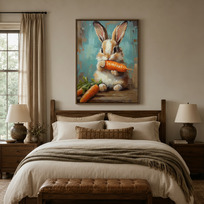  Bunny eating carrot impasto canvas wall art displayed above bed in cozy warm bedroom setting