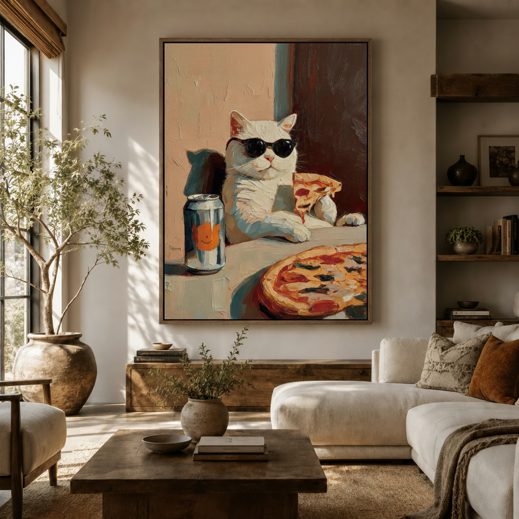 Large framed impasto cat painting with pizza and sunglasses displayed above sofa in a bright living room