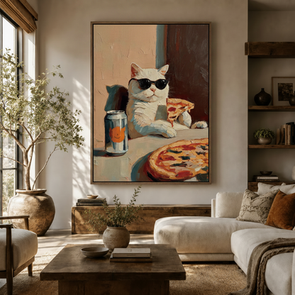 Large framed impasto cat painting with pizza and sunglasses displayed above sofa in a bright living room