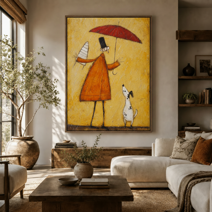 Whimsical folk art canvas print of man with red umbrella and spotted dog in warm living room above walnut sideboard