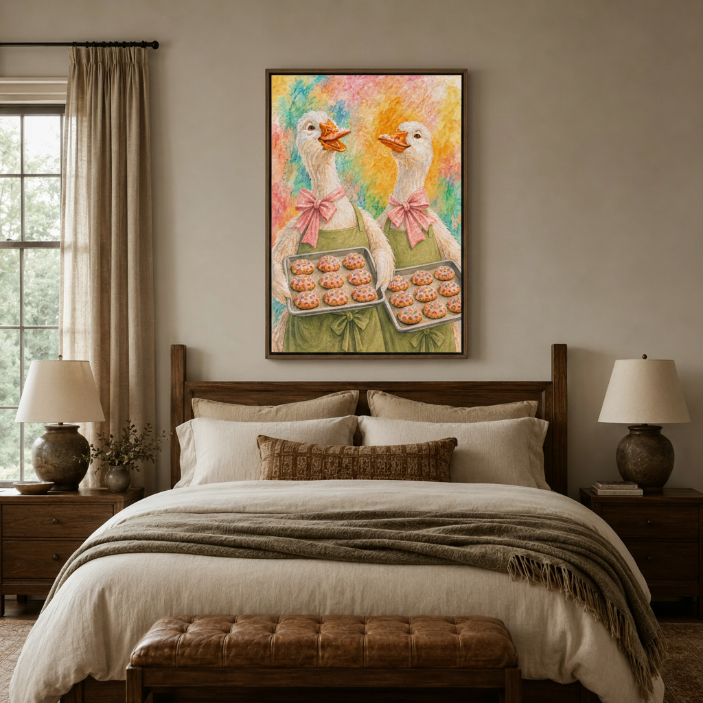 Whimsical goose baker canvas wall art displayed above bed in cozy bedroom setting
