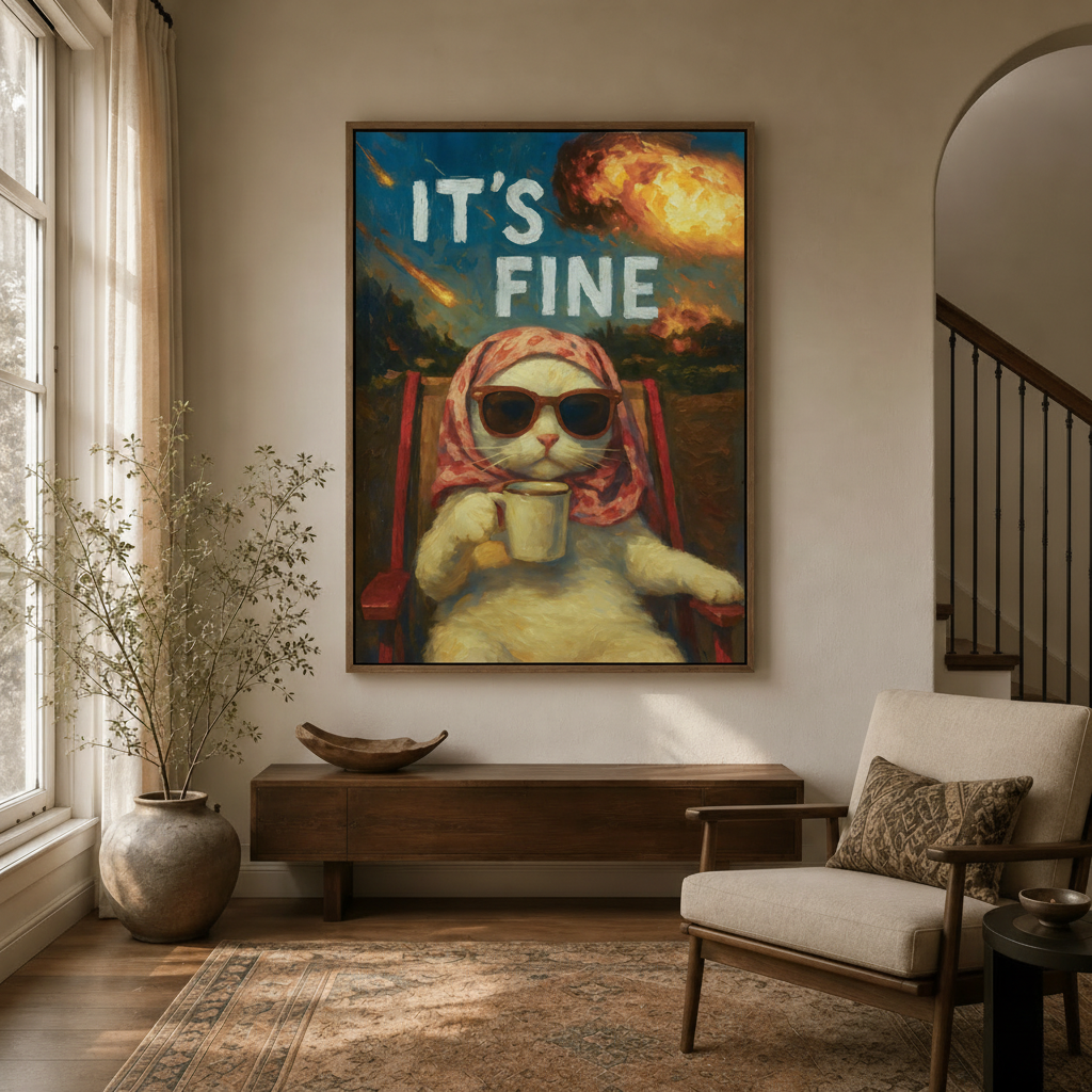 It's Fine cat meme funny canvas wall art in dark walnut float frame above entryway console with dried branch arrangement