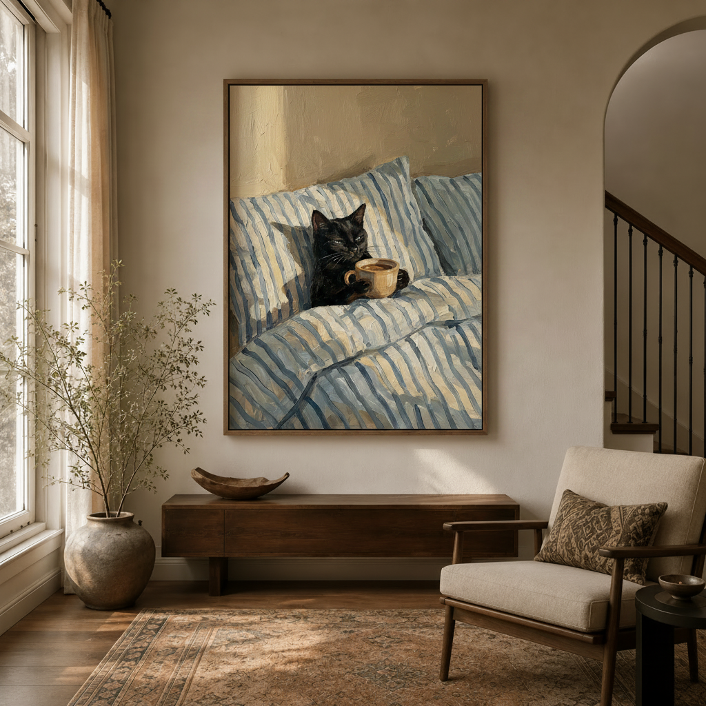 Black cat with coffee cup impasto canvas art hanging in warm neutral entryway with wood console and dried branches