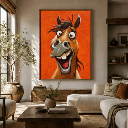 Funny horse portrait canvas displayed above sofa in warm modern living room
