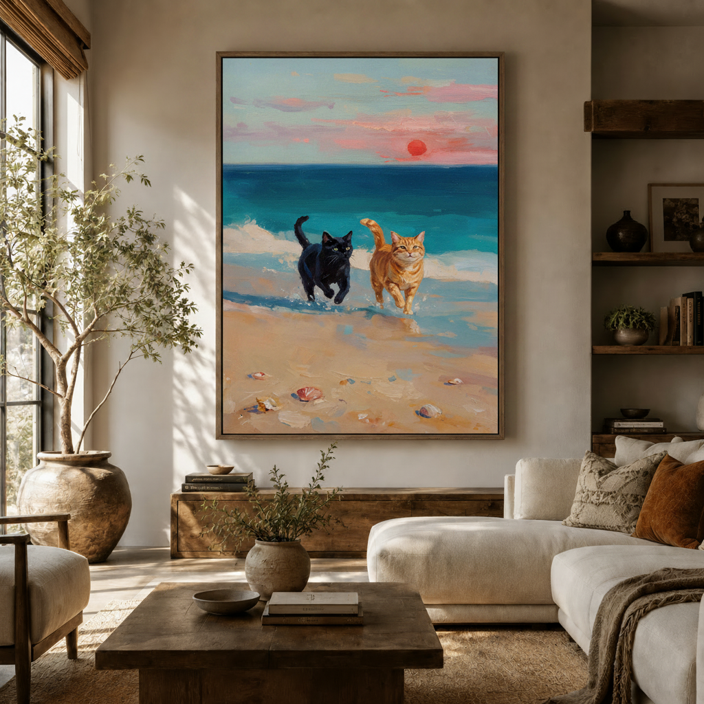  Black and orange cats running on beach sunset oil painting canvas in modern living room