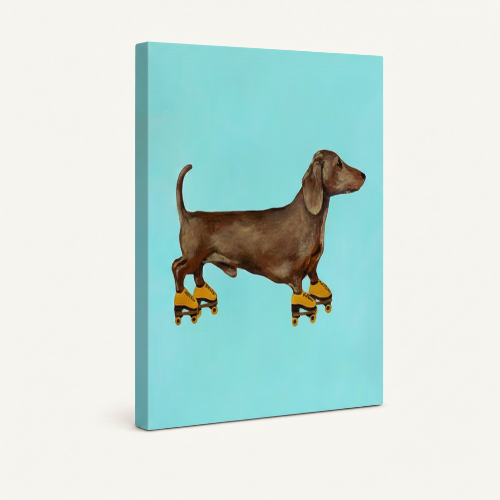 Gallery-wrapped canvas side view of retro dachshund roller skate art print showing mint teal background wrapping around edges
