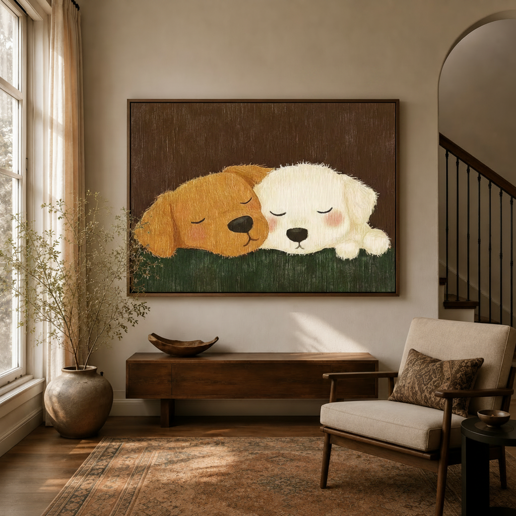 Sleeping puppies illustrated canvas wall art displayed above console in warm neutral entryway