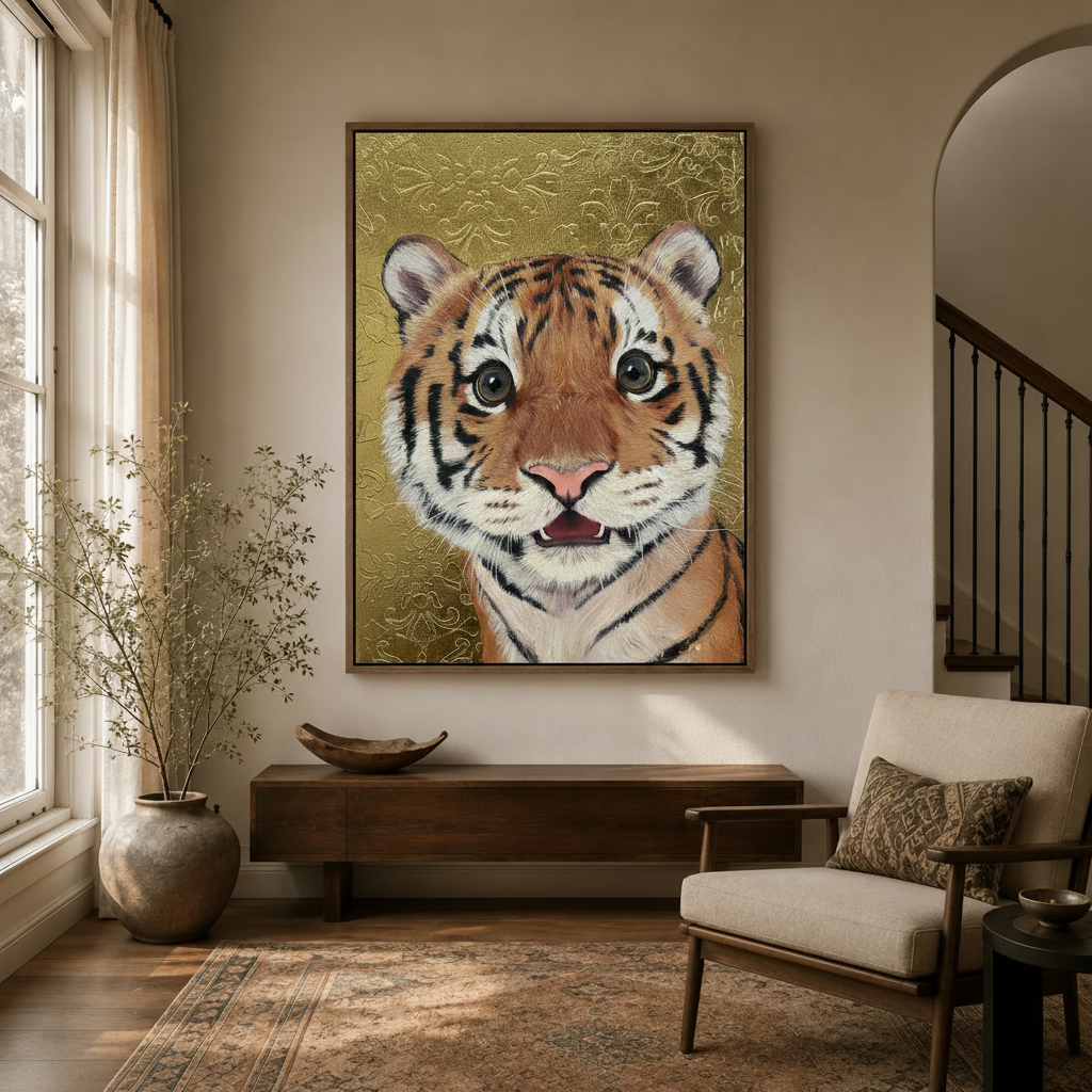 Tiger cub gold oil painting displayed in a neutral entryway above a dark wood console table
