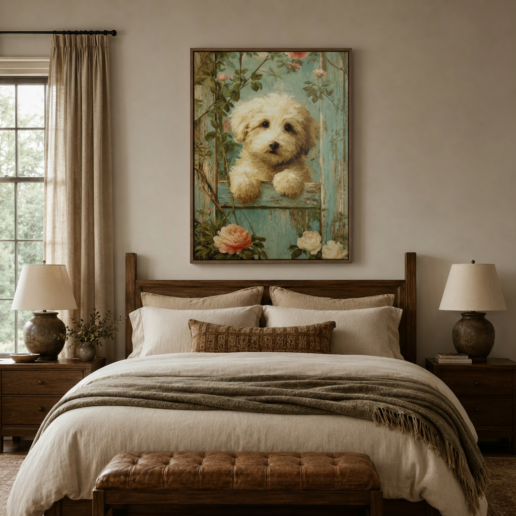 Puppy rose garden vintage canvas wall art displayed above bed in cozy warm bedroom setting