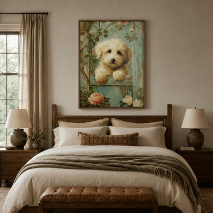 Puppy rose garden vintage canvas wall art displayed above bed in cozy warm bedroom setting