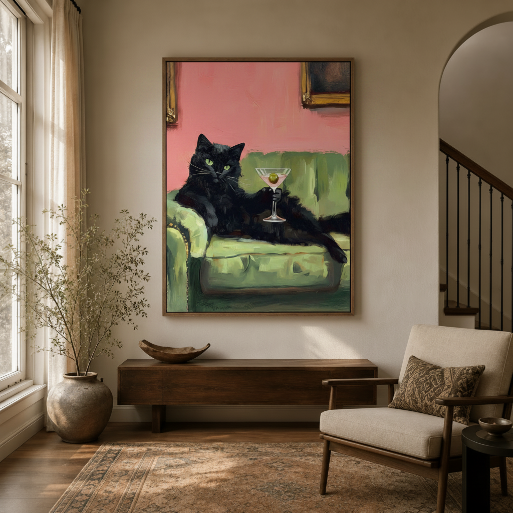 Black cat martini impasto canvas art in walnut float frame hanging in warm neutral entryway with dried branches