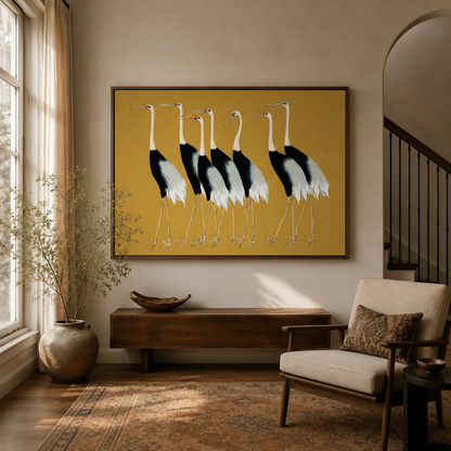  Japanese crane wall art in gold and black tones displayed in entryway above sideboard