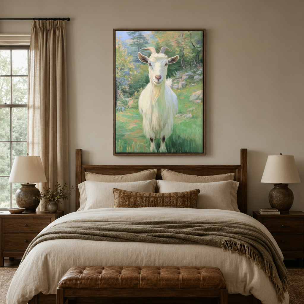 Serene white goat meadow realistic portrait canvas in dark walnut float frame above cozy bedroom headboard