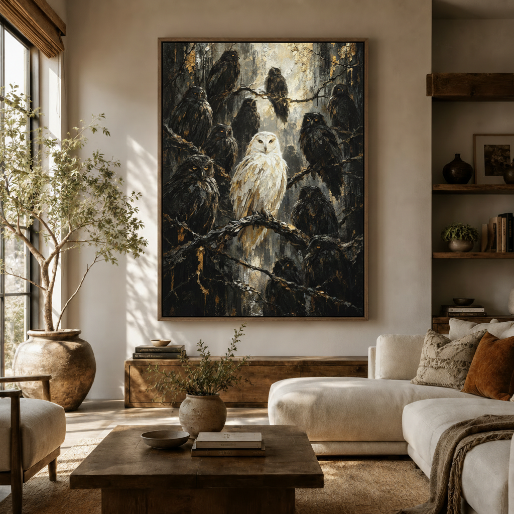 Dark owl oil painting canvas wall art displayed above console in warm neutral living room