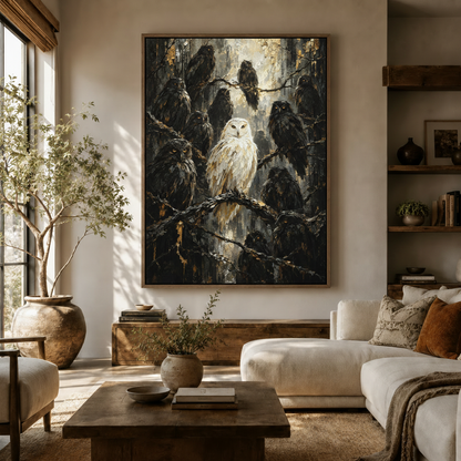 Dark owl oil painting canvas wall art displayed above console in warm neutral living room