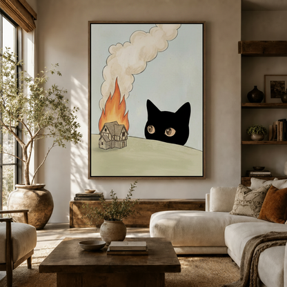 "This Is Fine" funny cat burning house canvas print displayed in warm living room