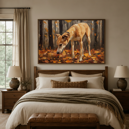 Golden greyhound autumn forest impressionist canvas in walnut float frame above neutral linen bedroom headboard