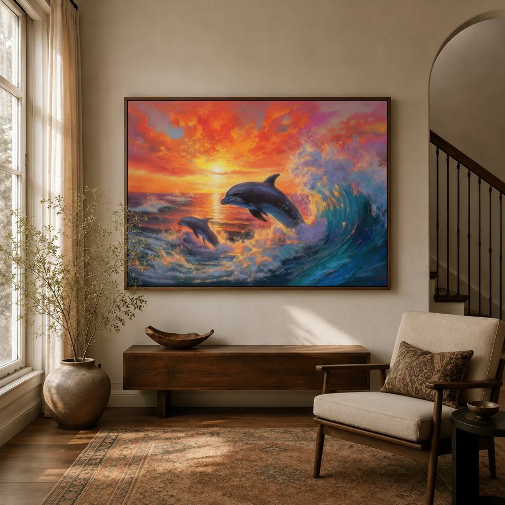 Dolphin sunset canvas wall art displayed in warm neutral entryway above walnut console with dried branch decor