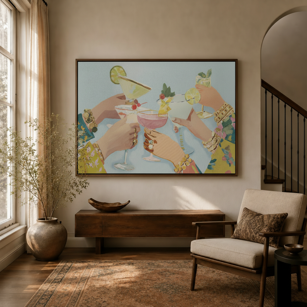 Cocktail toast girls night canvas wall art displayed in a warm entryway above a wooden console table
