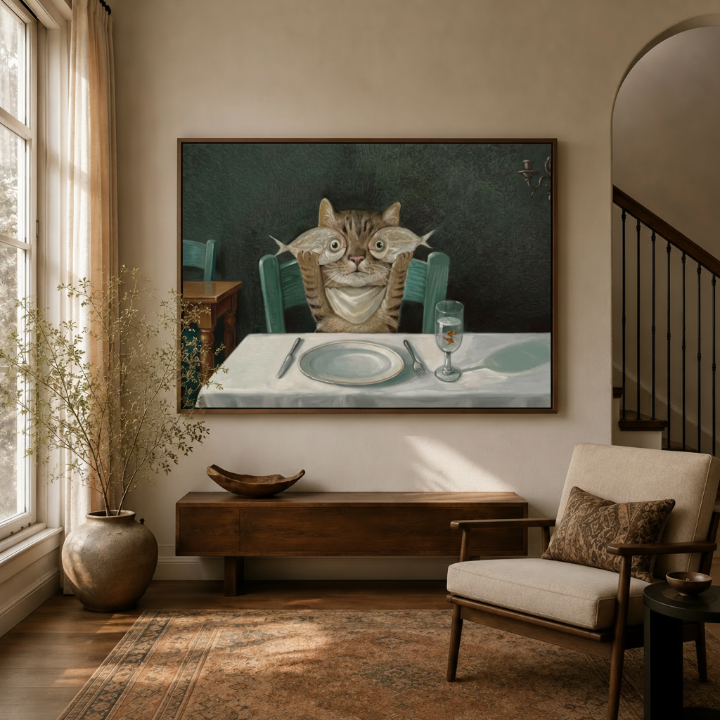 Funny cat canvas wall art in float frame displayed above wooden sideboard in warm living room