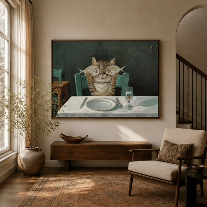 Funny cat canvas wall art in float frame displayed above wooden sideboard in warm living room