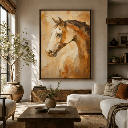 Warm gold horse portrait canvas wall art displayed above console in sunlit beige living room