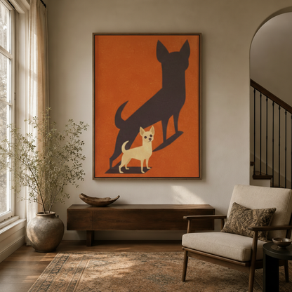 Mid-century modern Chihuahua shadow canvas wall art in warm entryway above console beside linen armchair