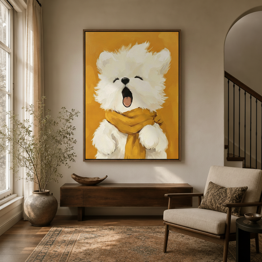 Joyful white bear canvas wall art displayed above entryway console in warm neutral interior
