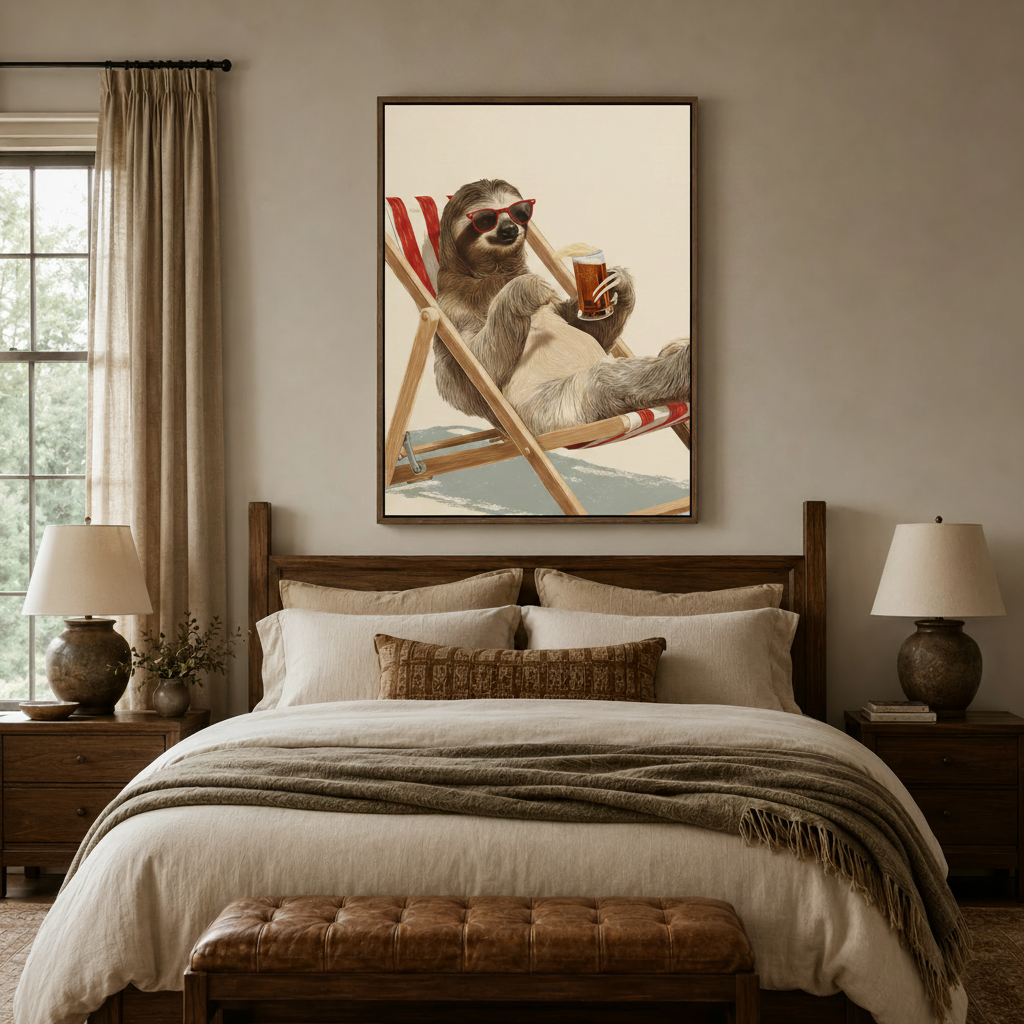 Funny sloth beer canvas wall art in dark frame displayed above bed in cozy bedroom