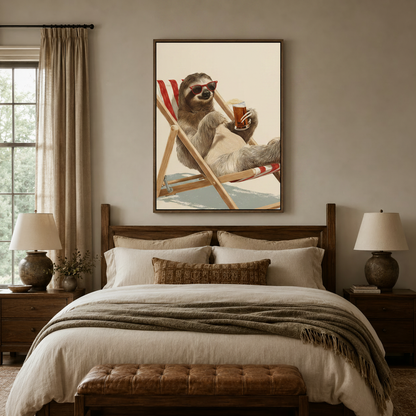 Funny sloth beer canvas wall art in dark frame displayed above bed in cozy bedroom