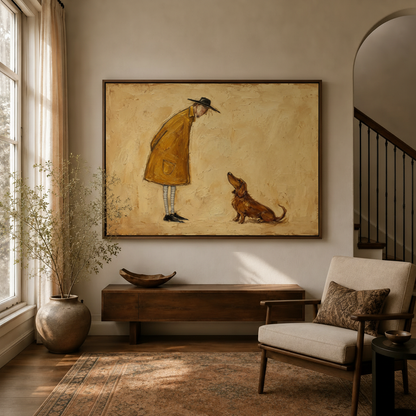 Whimsical folk art canvas of a man and his dachshund in a sunlit modern living room.