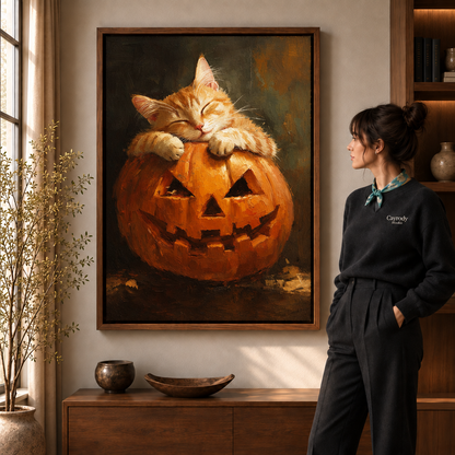 Framed sleeping orange cat and pumpkin canvas displayed above a walnut console beside a woman.