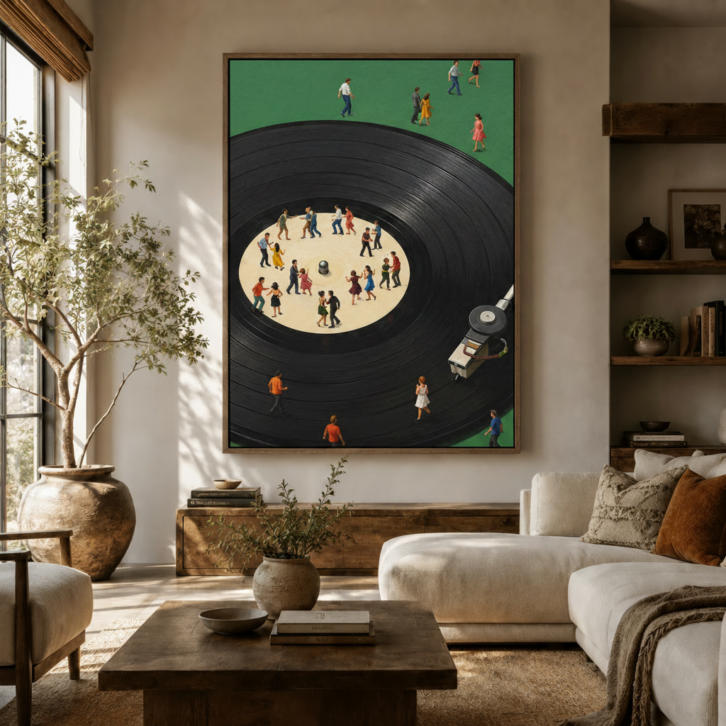 Vinyl record pop art canvas with dancing figures hung above wood console in bright Scandinavian-style living room with white sofa