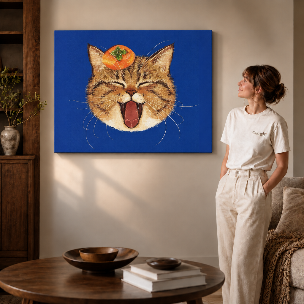 Smiling tabby cat wall art in a black frame in white and a coffee table.