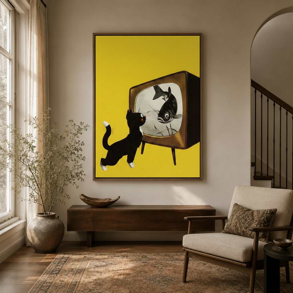 Retro pop tuxedo cat canvas wall art in a warm entryway with arched doorway and wood console