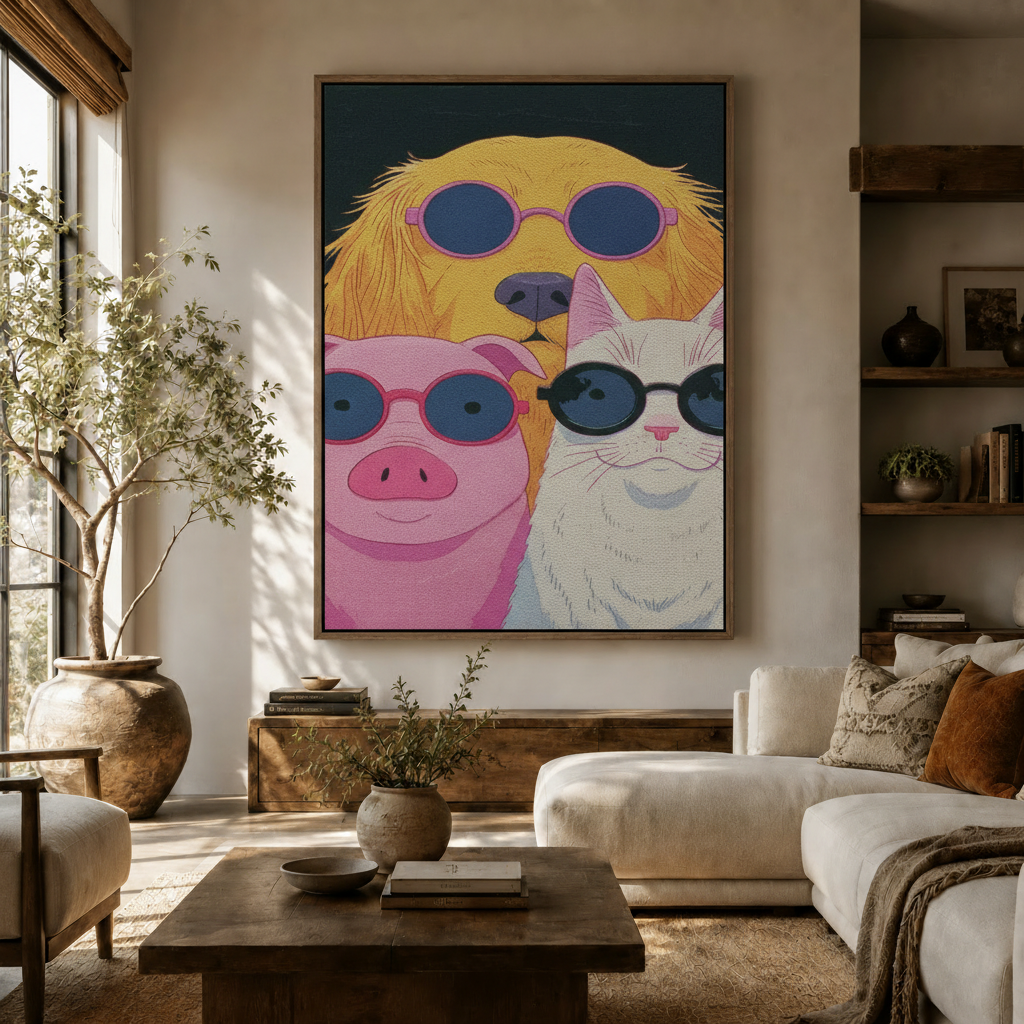 Retro anime funny animal canvas art hanging in modern living room with warm decor