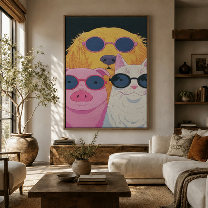 Retro anime funny animal canvas art hanging in modern living room with warm decor