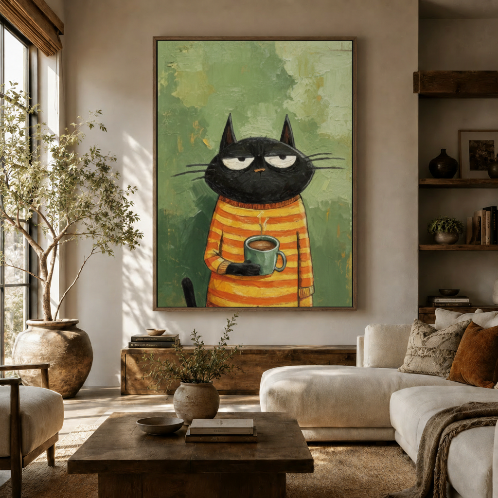 Whimsical folk oil painting of black cat in orange striped sweater holding coffee mug hung in cozy living room