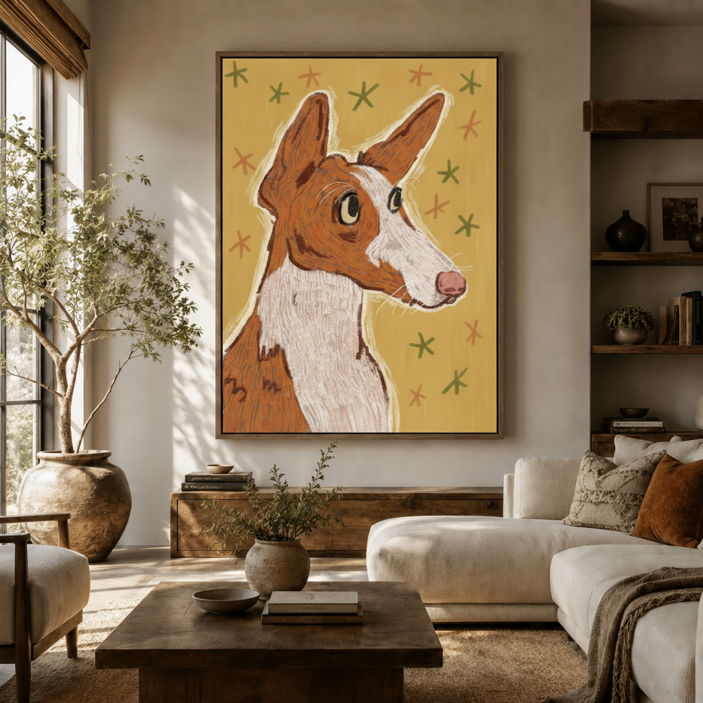 Ibizan Hound folk art crayon canvas print in dark walnut frame above console in warm living room