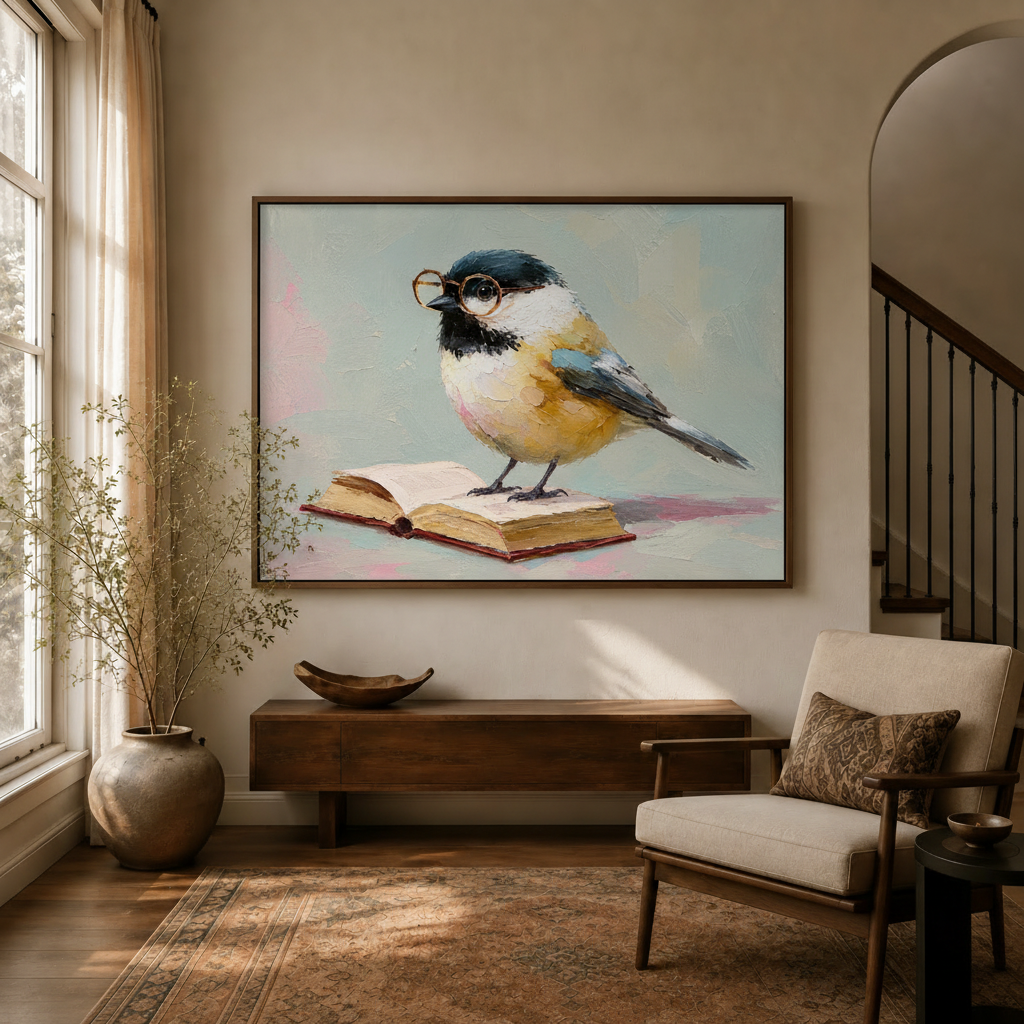 Bespectacled chickadee canvas art framed above a wooden console in a living room