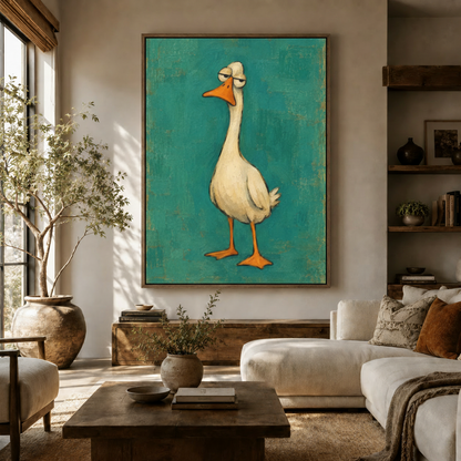 Grumpy goose whimsical oil painting canvas in float frame hung above living room sofa