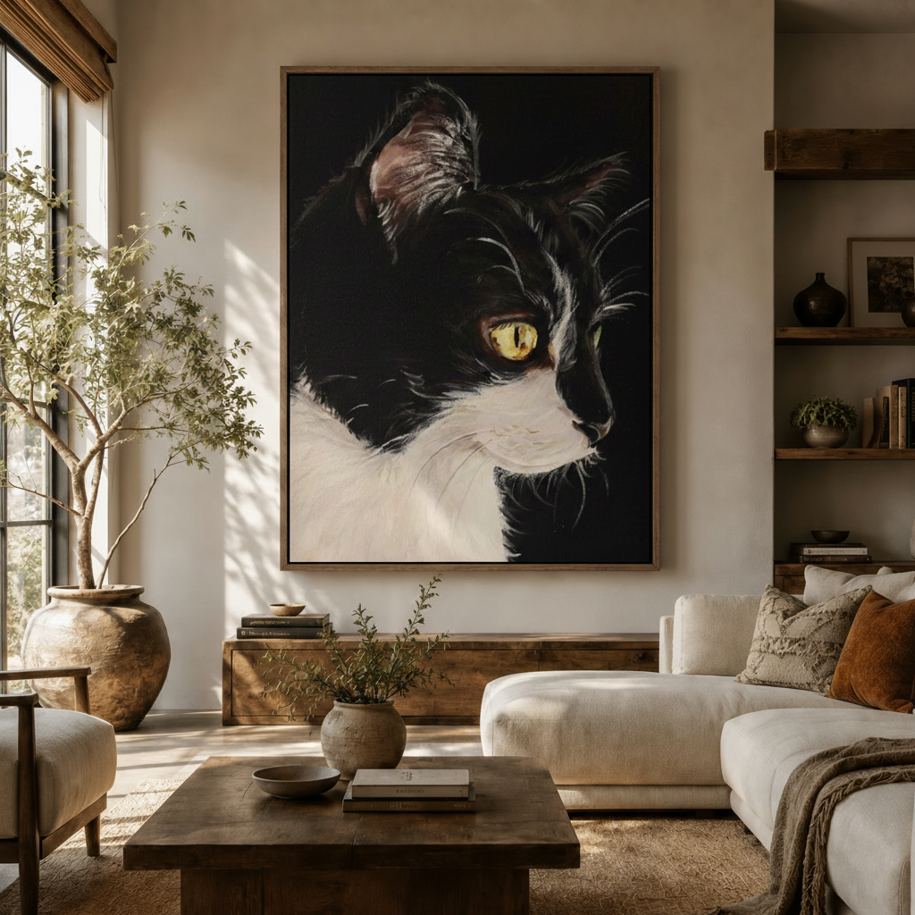 Black cat canvas wall art displayed above sideboard in warm modern living room