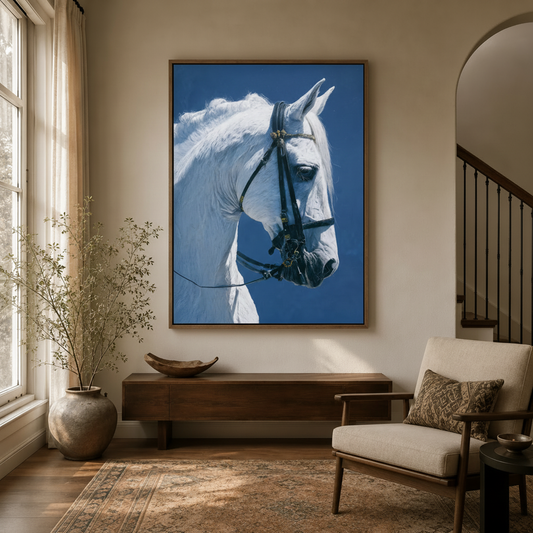 Realistic white horse portrait canvas wall art in walnut floater frame displayed in warm neutral entryway