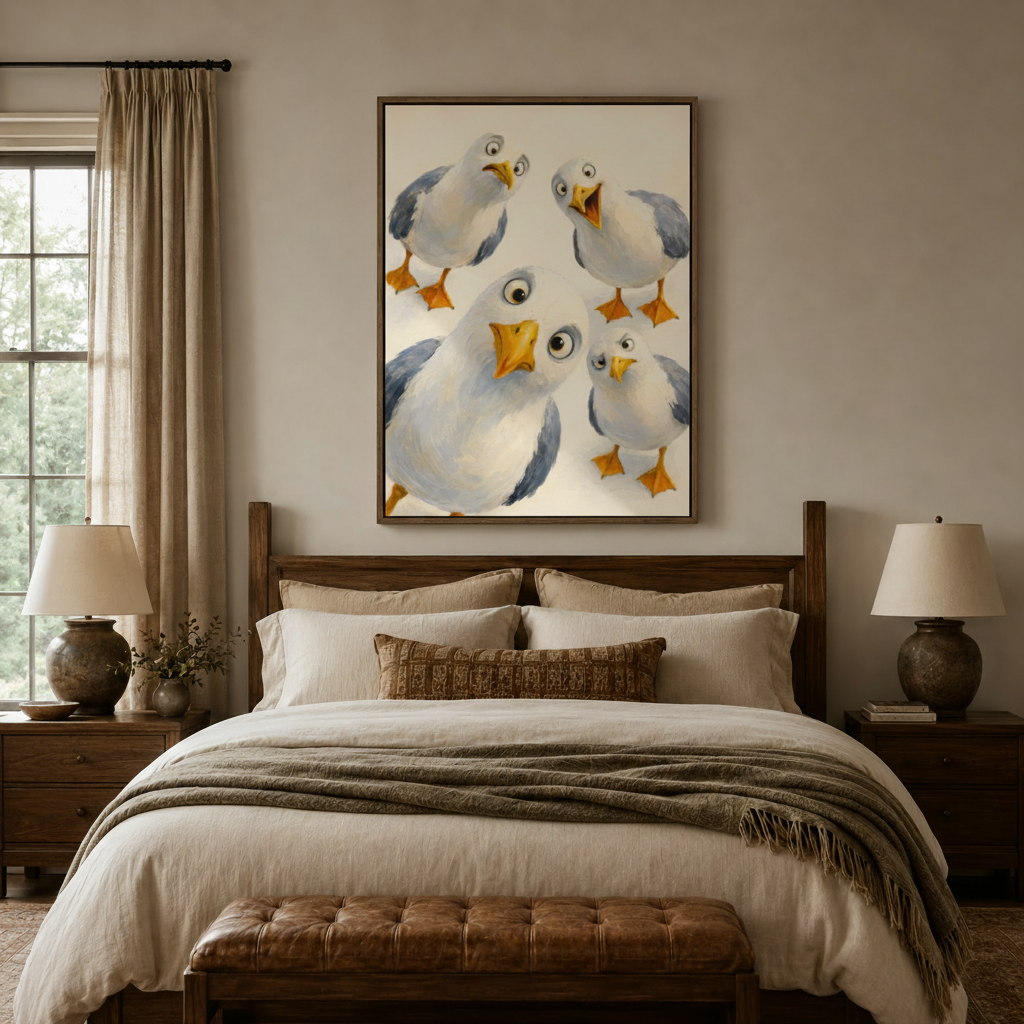 Funny seagull canvas wall art with four wide-eyed birds displayed above bedroom headboard