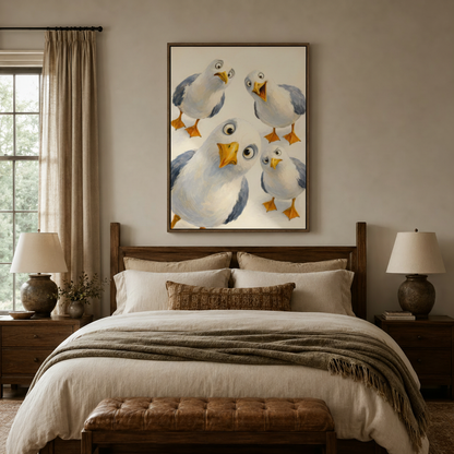 Funny seagull canvas wall art with four wide-eyed birds displayed above bedroom headboard
