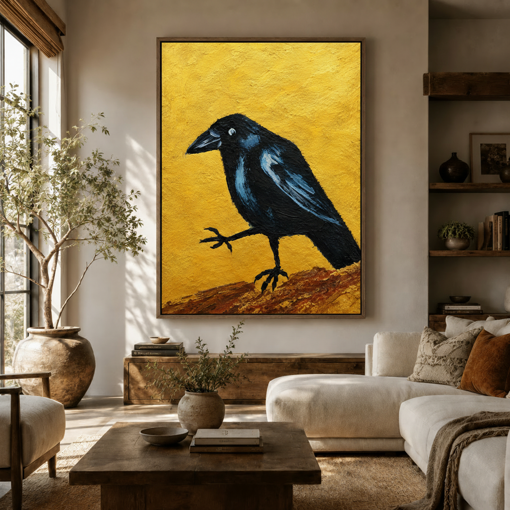 Black crow impasto oil painting in dark walnut float frame displayed above living room sofa