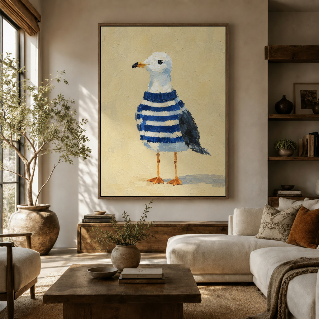 Whimsical seagull in blue striped sweater oil painting displayed in warm living room setting