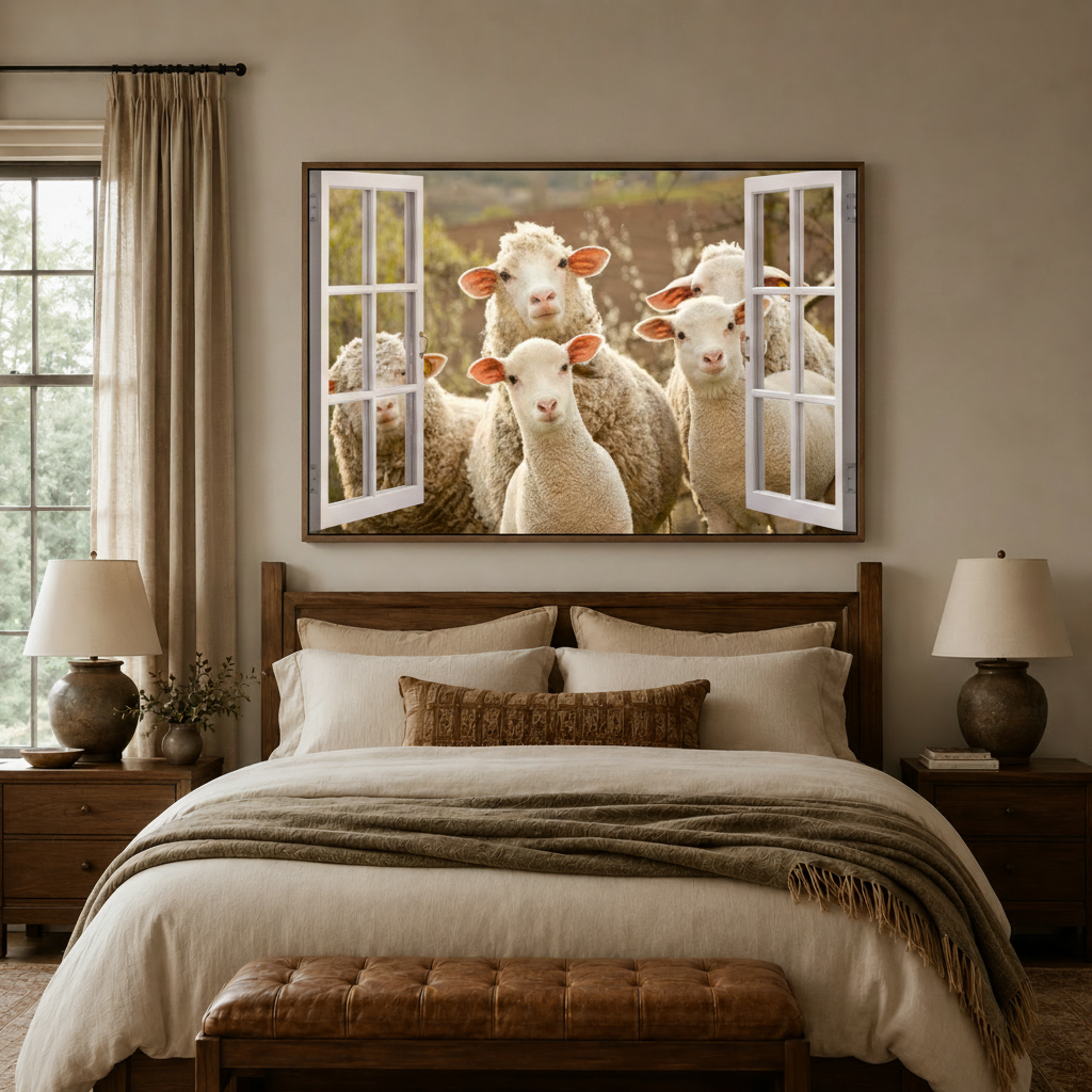 Curious sheep peeking through window farmhouse canvas wall art above cozy neutral bedroom headboard