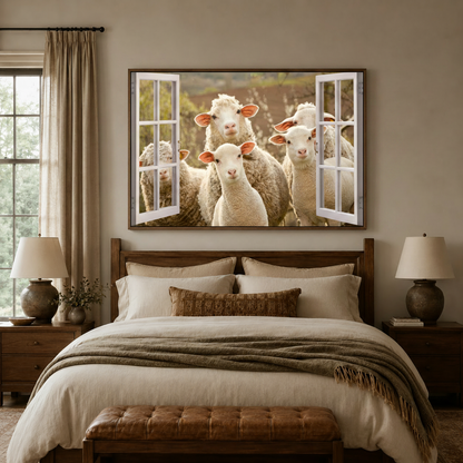 Curious sheep peeking through window farmhouse canvas wall art above cozy neutral bedroom headboard