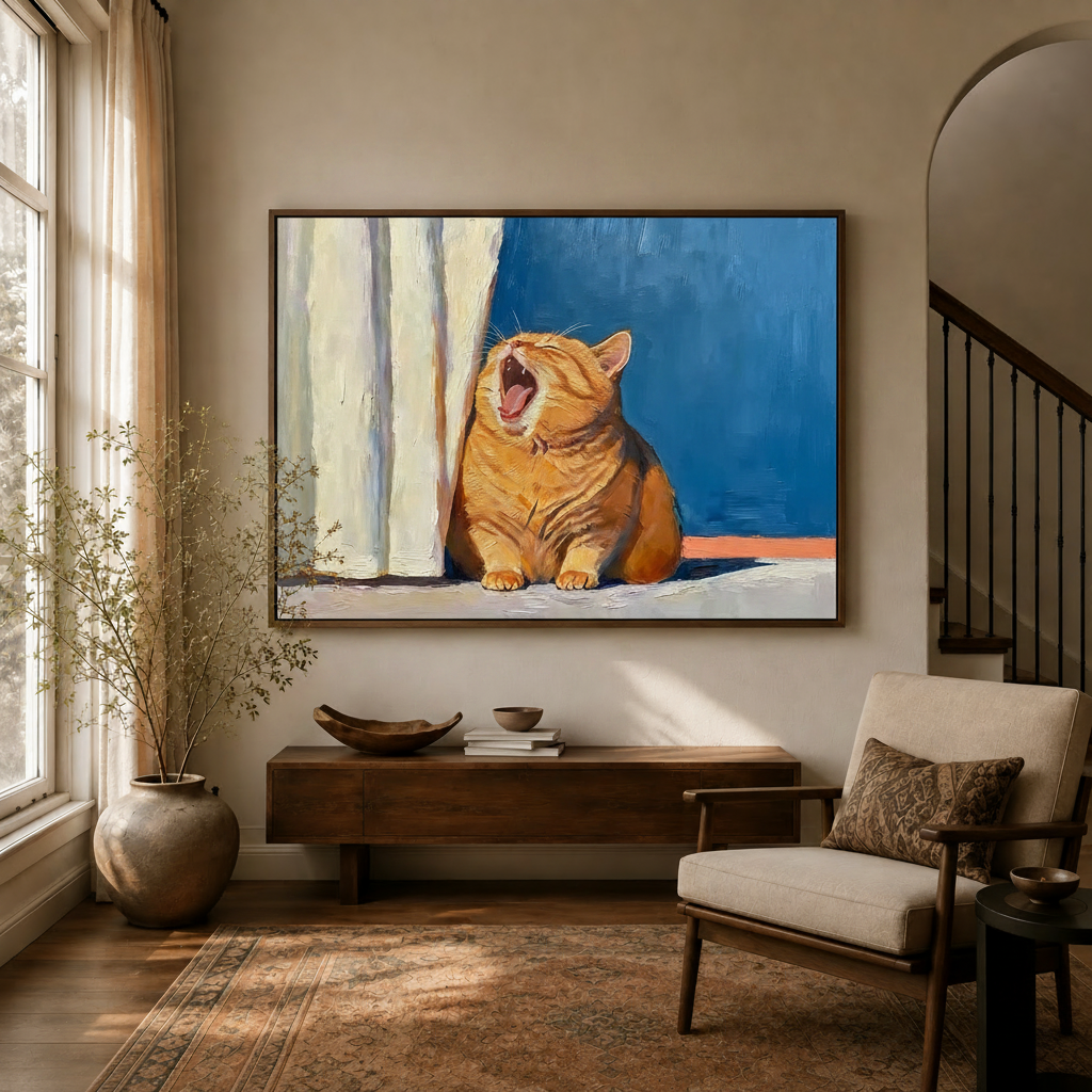 Funny yawning orange cat oil painting canvas in float frame above sideboard in neutral entryway